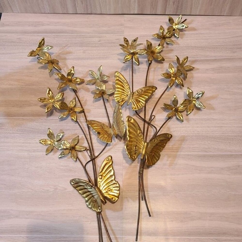 Vtg Home Interior Brass Metal Butterfly Flower Wall Hanging Decor Art 3D Floral